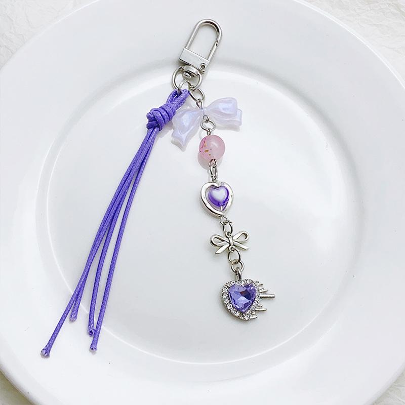 Милый бант с бусинами Love Purple Tassel для мобильного телефона, цепочка для ключей, милый брелок для рюкзака, подвеска, сумка, украшение для девочки, подарок
