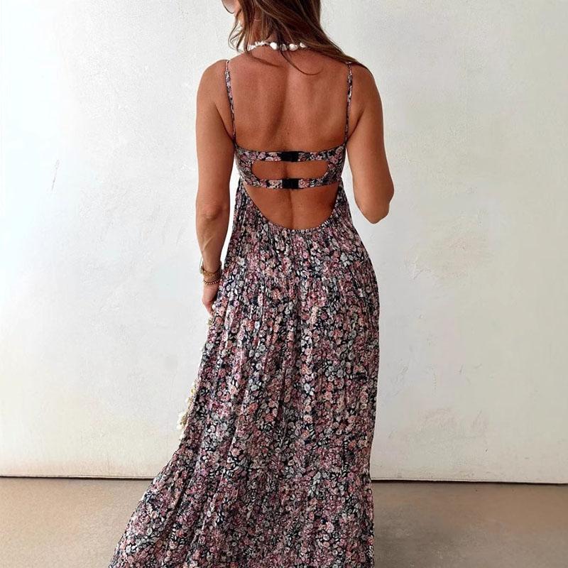 Fashion Floral Print Straps Summer Dresses Women Sexy V Neck Hollow Hem Long Dress Casual Backless Buckle Loose Bohemian Dresses