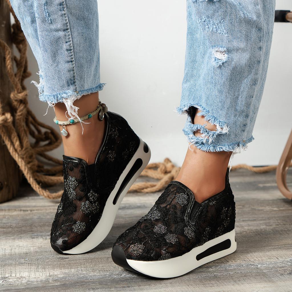 New Women's Sneakers Floral Embroidery Mesh Sneakers for Women Slip On Casual Comfy Heeled Shoes Woman