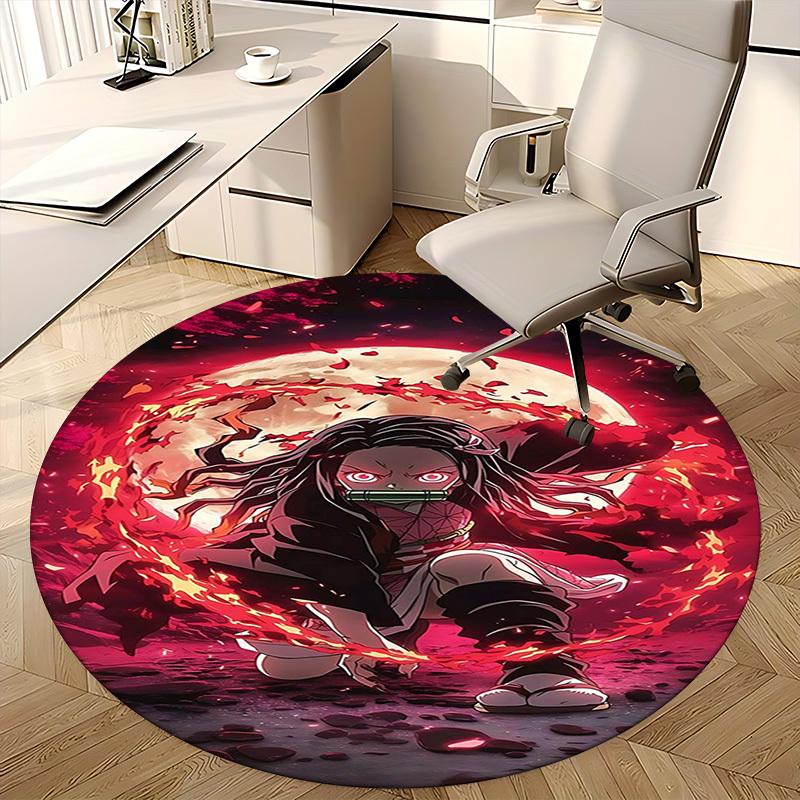 1pc Demon Slayer Tanjiro Kamado Round Carpet - Anime Design Office Chair Mat, Non-Slip Rug for Home Decor, Suitable for All Seasons.J101