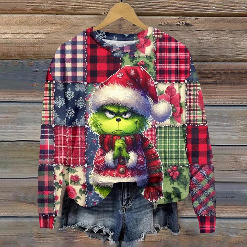 Ladies' Christmas Greentown Print Casual Long Sleeved Round Neck Sports Hoodie Top