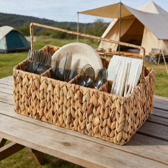 Utensil Caddy with 5 Compartments Hand-woven Storage Basket with Handle Rustic Cutlery Flatware Organizer for Picnic BBQ Kitchen Countertop Storage