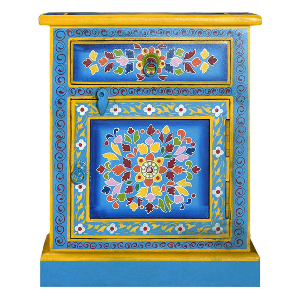 Nightstand Solid Mango Wood Turquoise Hand Painted