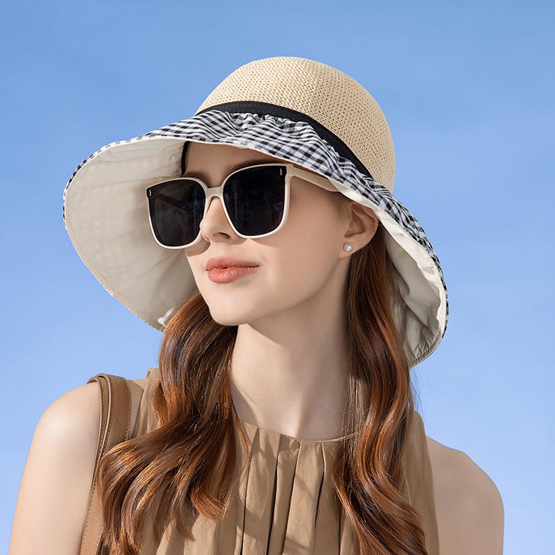 Летняя дышащая панама женская клетчатая хлопковая сетчатая шляпа от солнца с принтом легкая элегантная женская пляжная шляпа с большими полями на шнуровке и бантом