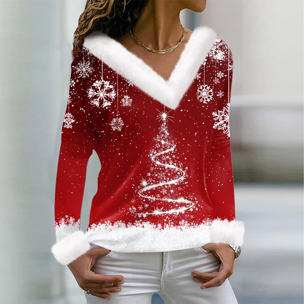 Женская футболка с рождественским принтом, длинный рукав, флисовый воротник, V-образный вырез, футболка