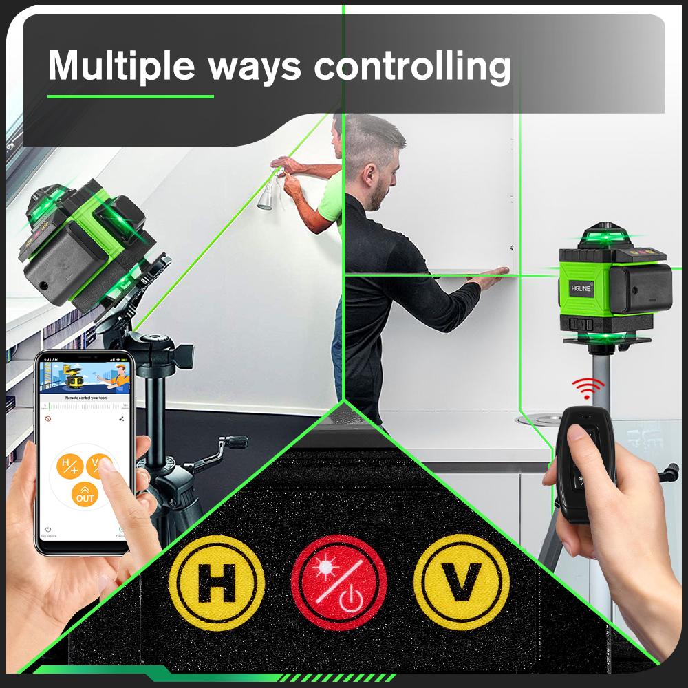 HGLINE 4D 16-линейный лазерный уровень с зеленым светом, лазерный луч, приложение для лазерного уровня, дистанционное управление, горизонтальные и вертикальные уровни, инструменты