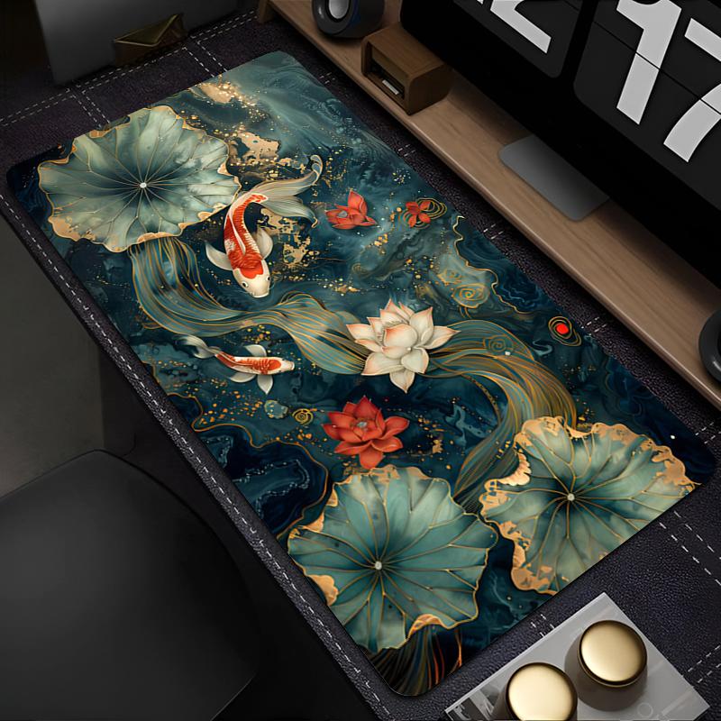 Gaming Mouse Pad with Stitched Edge Non-Slip Rubber Base Koi Fish Extended Desk Mat Keyboard Mousepad for Office Home Computer