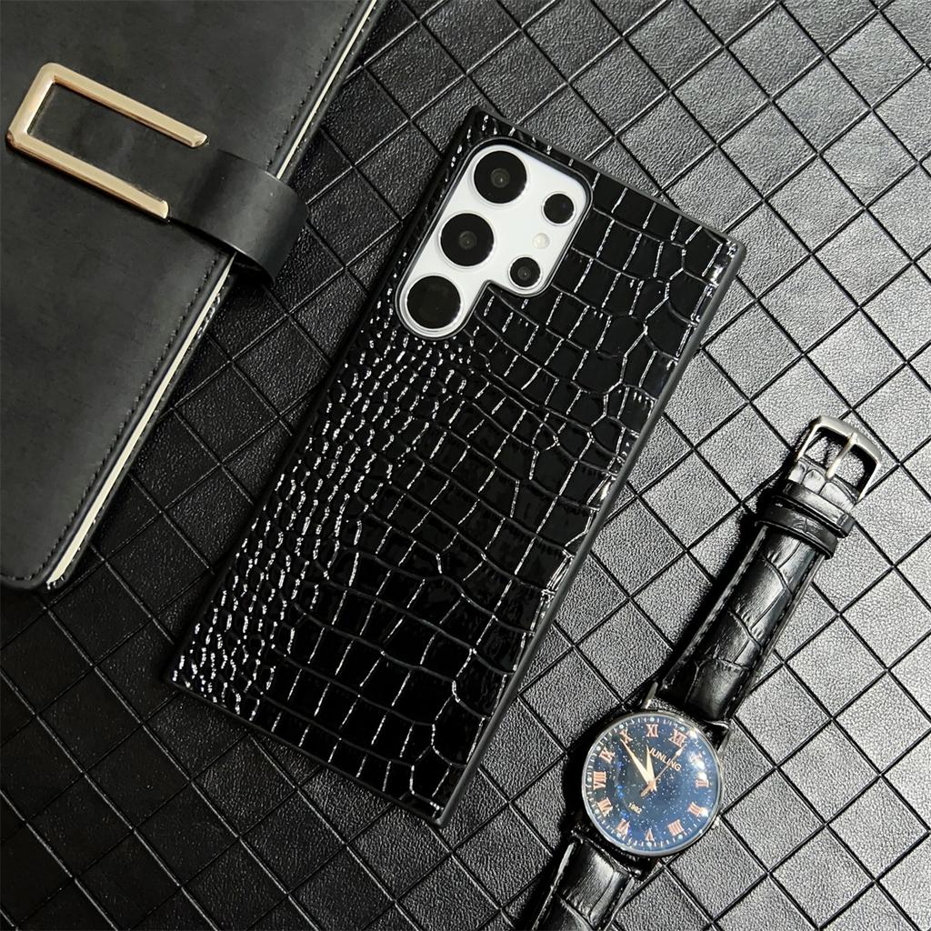 Роскошный кожаный чехол для телефона с леопардовым узором из крокодиловой кожи и углеродным волокном для Samsung GalaxyS22 Ultra S23 S24 Plus, черная задняя панель, чехол для Huawei Mate60 RS Pura70 Pro