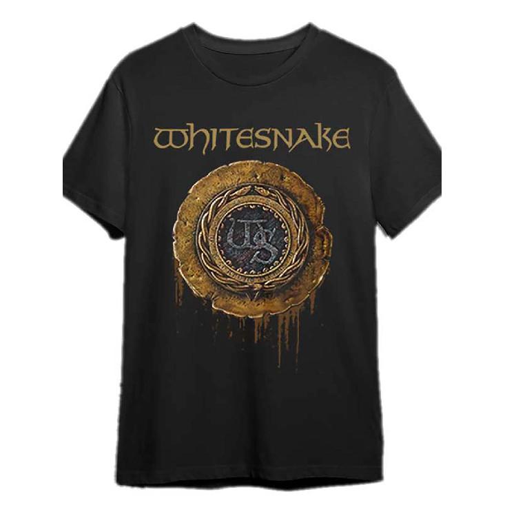 Whitesnake 1987 Logo Men's Vintage T-Shirt - Collectible Tee with Golden Badge Emblem, Relaxed Fit Crewneck, Iconic Snake Logo Design (Black), Casual