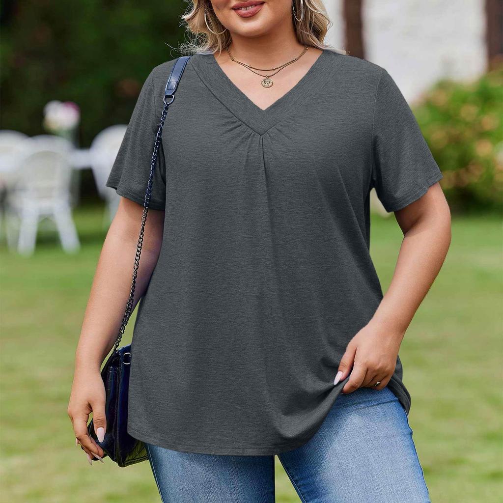 Женская модная повседневная свободная блузка большого размера с коротким рукавом, элегантная с V-образным вырезом, для работы