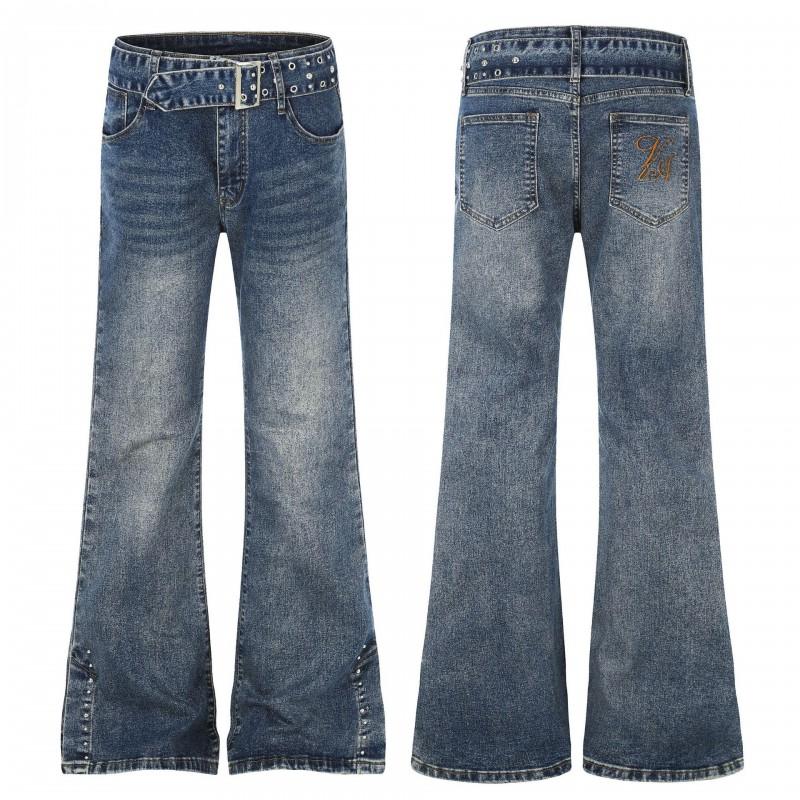 Womens High Waist Flare Jeans Y2K Punk Rivet Belt Washed Distressed Embroidered Bootcut Pants