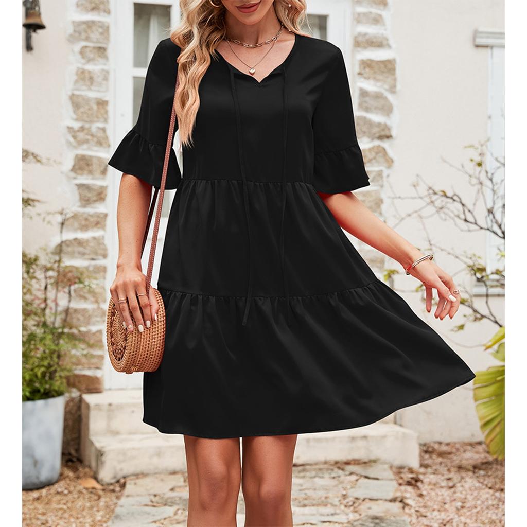 Women's Fashionable And Casual Flared Sleeve V-neck Solid Color Loose Dress