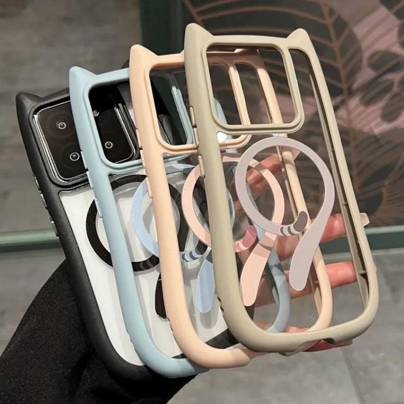 Магнитный чехол Magsafe с милыми кошачьими ушками, прозрачный, для Xiaomi 15 Ultra 14 Pro 14 Redmi Note 13 5G, жесткий, ударопрочный, с поддержкой беспроводной зарядки