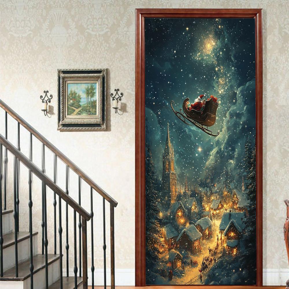 Рождественский Дед Мороз ПВХ Самоклеящаяся Водонепроницаемая Наклейка на Дверь Современная Имитация Фреска Обои Гостиная Кабинет Домашний Декор Искусство Постер на Дверь