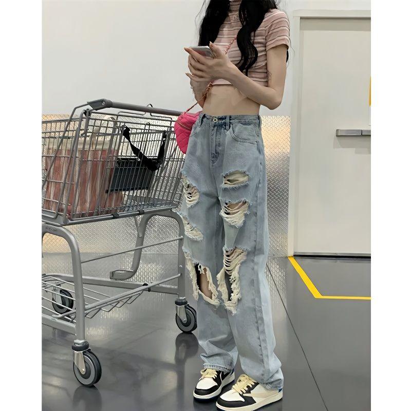 New Fashion High Quality Design Sense Large Size Washed Ripped Jeans Women Summer Spice Girls High Waist Straight Loose Jeans