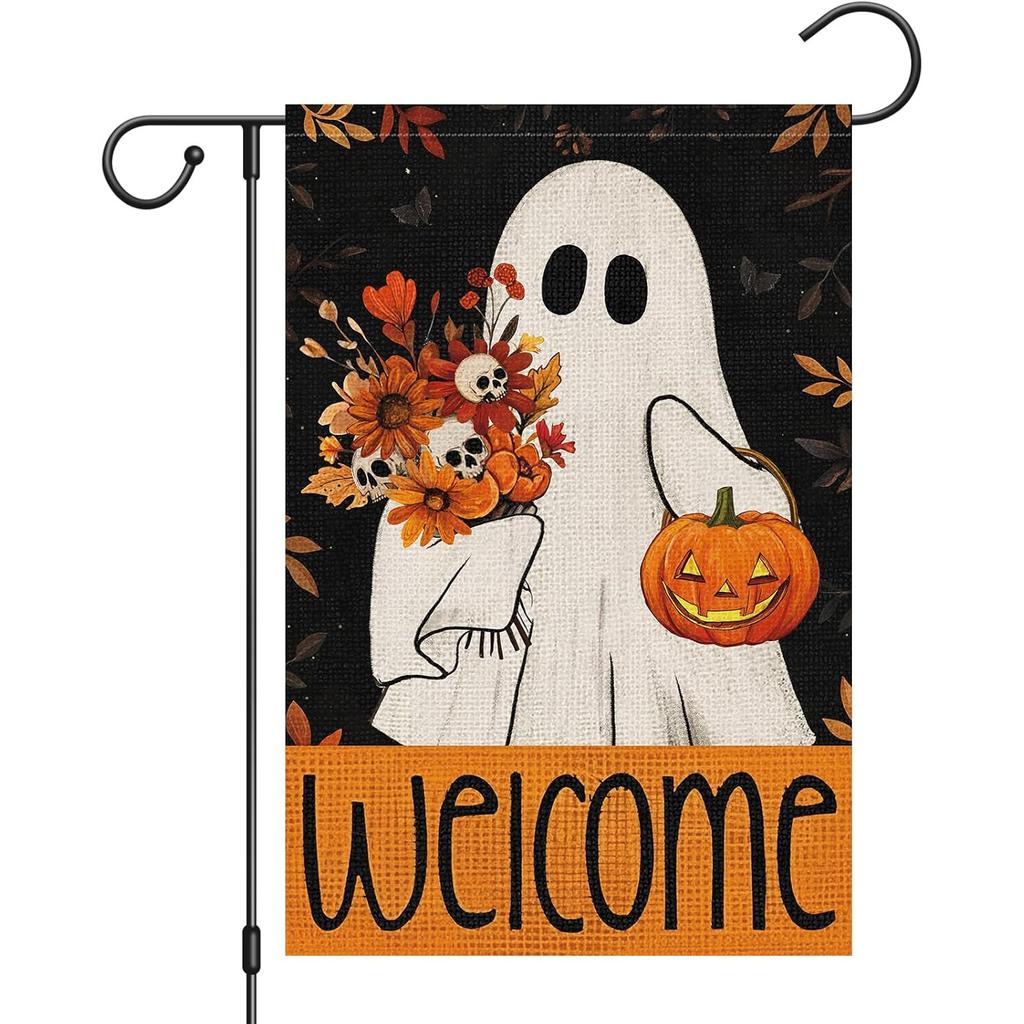 Welcome Halloween Garden Flag Vertical Double Sided Pumpkin Skull Daisy Yard Flags for Seasonal Fall Thanksgiving Farmhouse Decoration(ONLY FLAG)