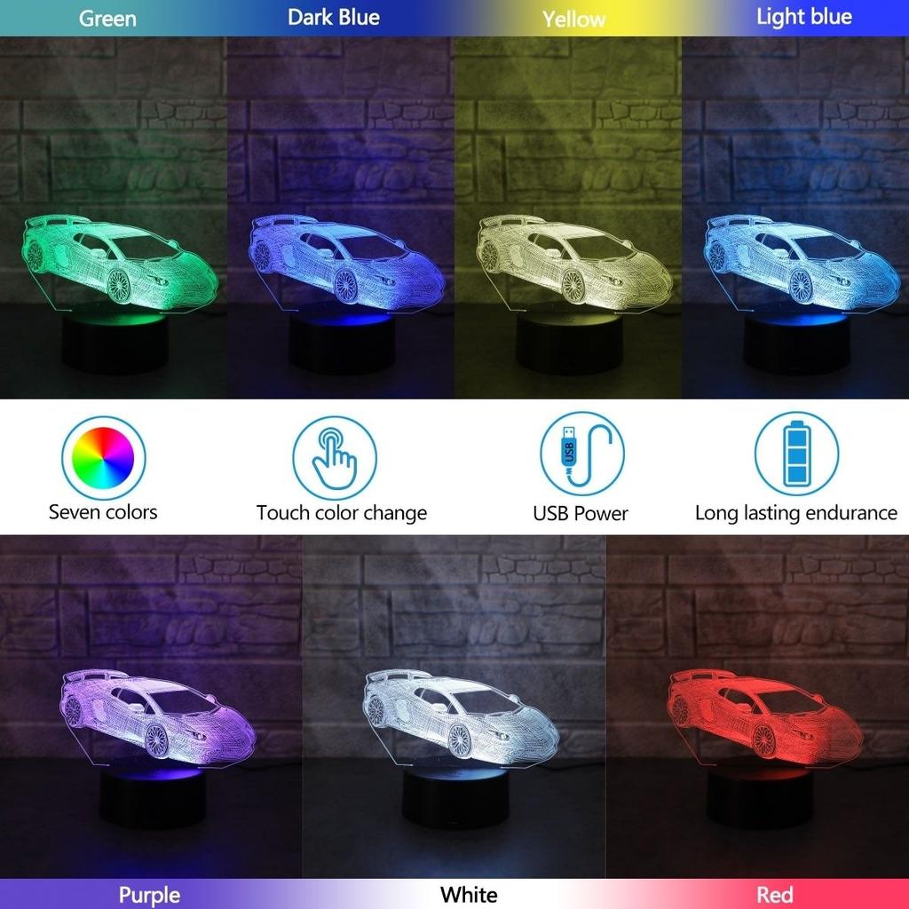 USB акриловый 3D ночник в виде спортивного автомобиля, сенсорный 7-цветный, настольная декорация с тематикой гоночной вечеринки для спальни, атмосфера, подарочный свет.