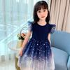 Girls Star Round Neck Sleeveless Princess Dress Gradient Color Mesh Panel Dress