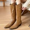 Модные Женские Осенне-Зимние Цвета Нового Стиля Европейские и Американские Ботильоны с Острым Носком на Толстом Каблуке с Высоким Голенищем и Большой Западной Боковой Молнией из Денима