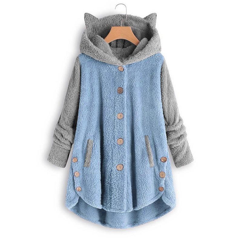 Cat Print Long Hoodies Sweatshirt Women Fleece Warm Button Pocket Pullovers Cat Ear Plus Size Hoodie Top Blouse Sweat Femme Plus Size