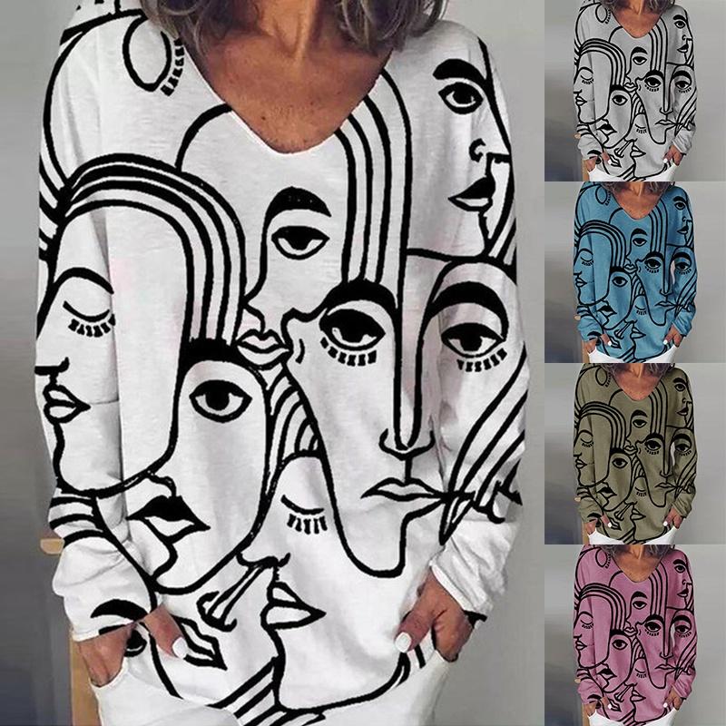 Новая Женская Мода Тренд Одежда Свободная Повседневная С Длинным Рукавом Футболка с V-образным вырезом и Принтом Персонажа и Блузки Больших Размеров Топы