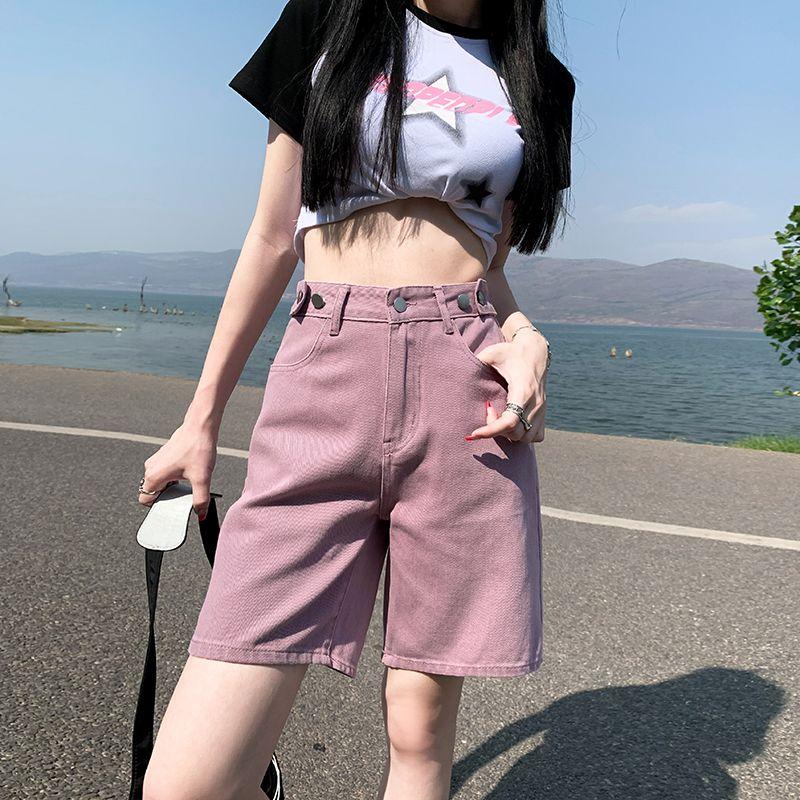 Ковбойские шорты женские летние грязно-фиолетовые брюки средней длины с высокой талией, свободные широкие брюки А-силуэта, утягивающие шорты