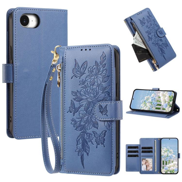 Butterfly Flower Zipper Wallet Vegan Leather Phone Case with Strap For iPhone 15 Pro Max