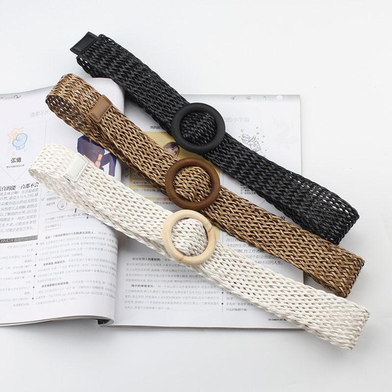 Summer Wide Braided Belt Women Woven Straw Belt with Round Wooden Buckle Waist Belt