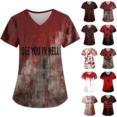 Женская модная повседневная футболка с принтом на Хэллоуин и карманом