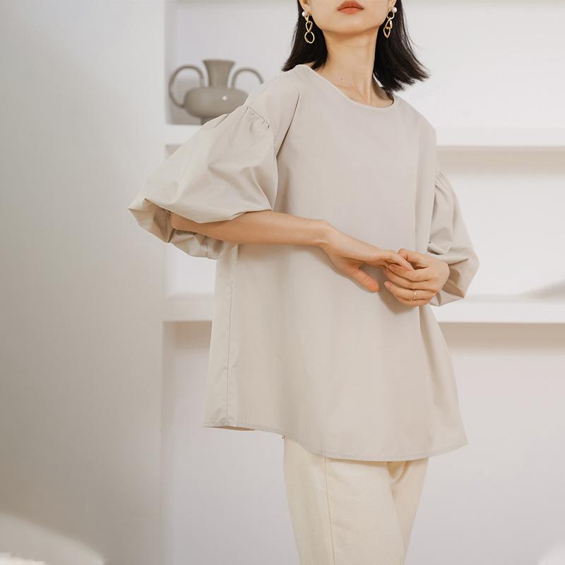 Crew Neck Shirt Women's Japan and Korea Summer Loose Cotton Oversized Lantern Sleeve Top Popular