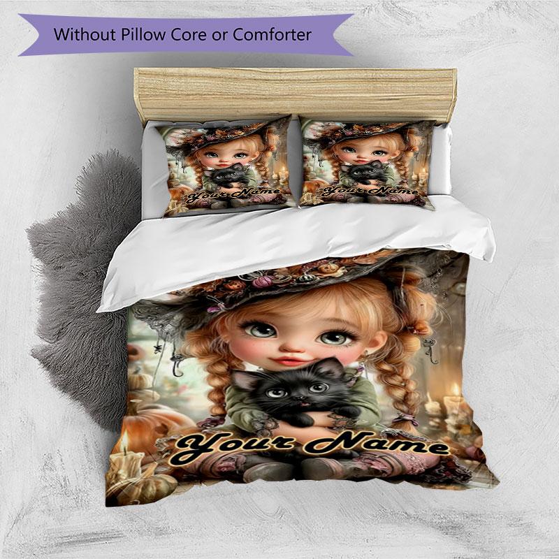 3pcs Custom Name Magical Halloween Whimsy Bedding Set Printed Bedding Set Duvet Cover Closure Includes 1 Duvet Cover & 2 Pillowcases Bedroom Decor
