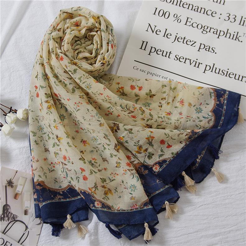Japanese Cotton Linen Floral Color Block Scarf & Shawl - Spring/Summer