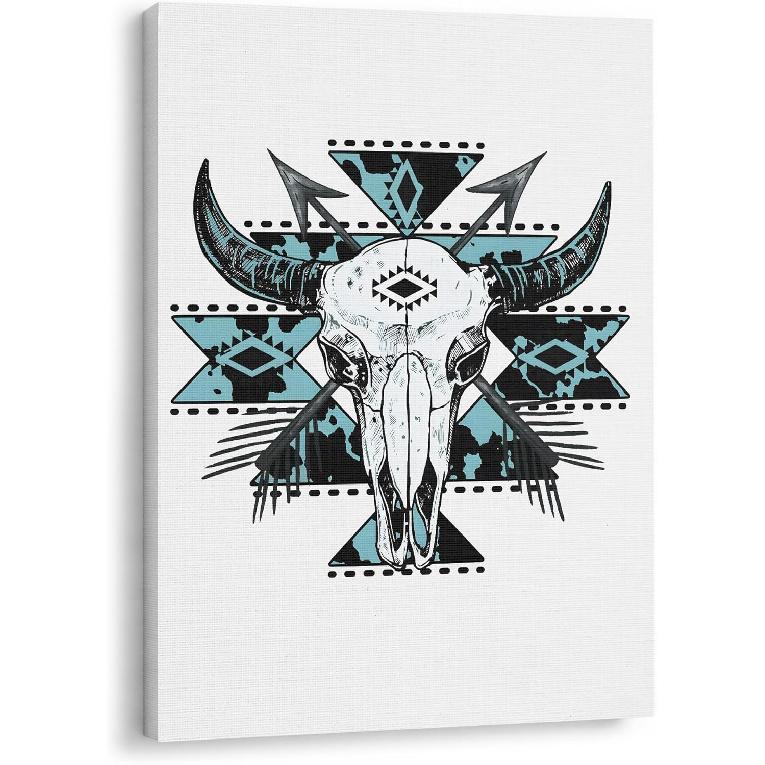 GTYNU Boho Aztec Western Cow Bull Skull Framed Canvas Wall Art Decor, Southwestern Wall Art Canvas Prints, Boho Bedroom Decor, Western Wall Decor for