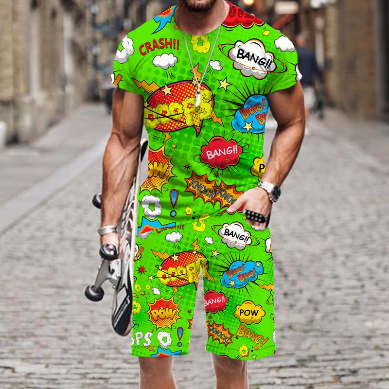 Летняя мужская футболка, комплект, забавная футболка с коротким рукавом в стиле хип-хоп, шорты, спортивный костюм из 2 предметов, красочный повседневный спортивный костюм, одежда унисекс