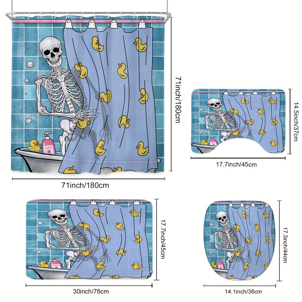 1/4 Pcs - Funny Blue Skull Shower Curtain Set, Non-Slip Bathroom Floor Mat, Toilet U-Shaped Mat, Cover Mat, Home Decor Gift