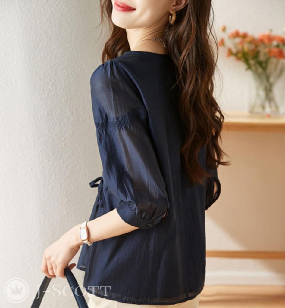 J-Scott Women's Navy Chiffon Blouse with Sheer, 3/4 Sleeves, Gathered Ribbon, and Lace (JS143-NV-S) - Limited Stock