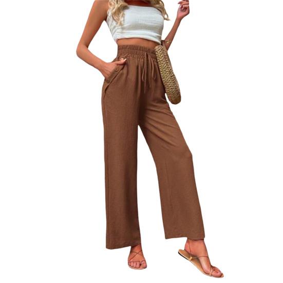 Женские повседневные брюки, эластичные длинные брюки с высокой талией на шнурке, прямые широкие брюки, однотонные тонкие летние брюки, уличная одежда