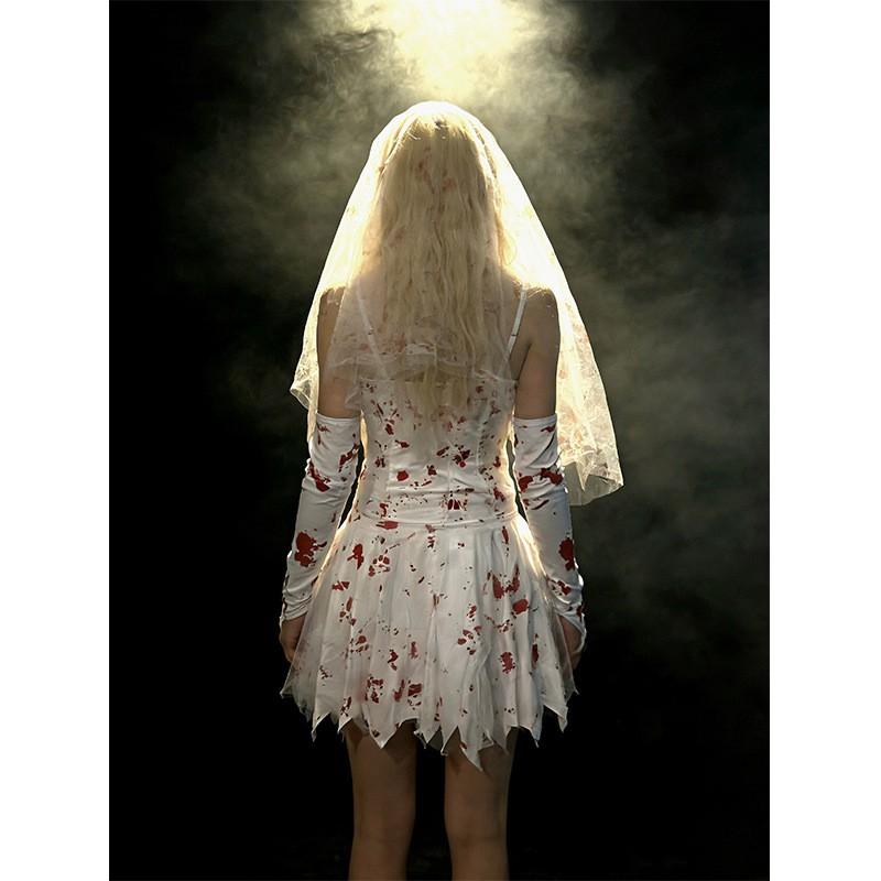 Halloween Costume Ghost Bride Dress Bloody White Gown Cosplay Outfit Women Adult Role Play Party