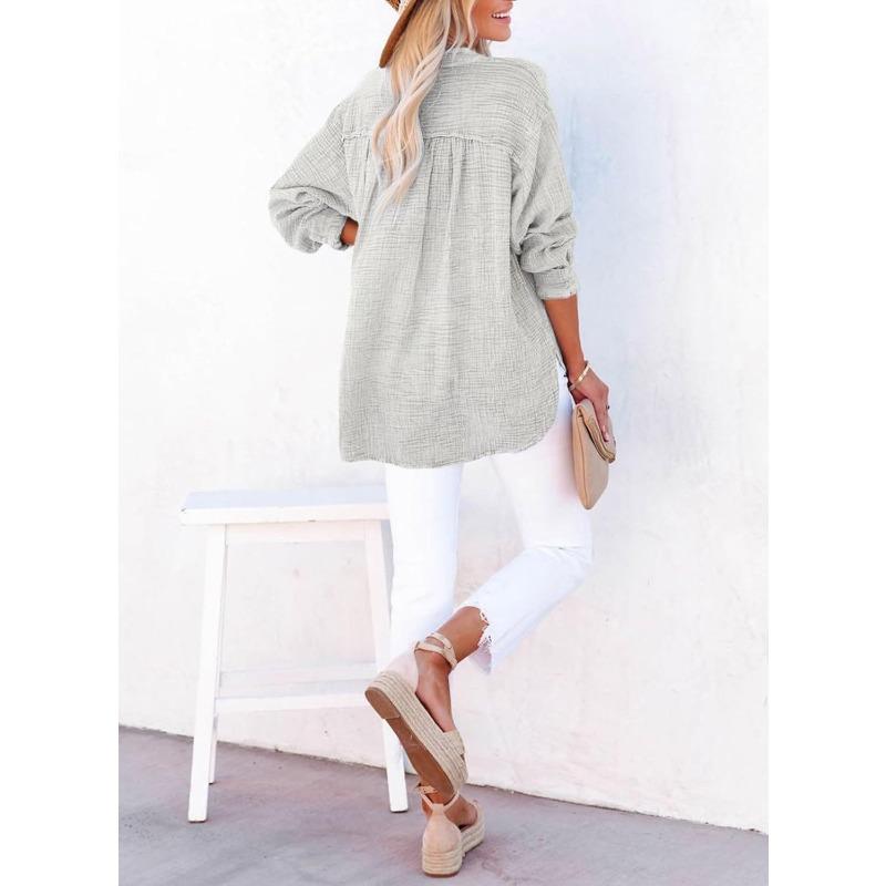 YYFS Women's Fashion Casual Spring Fall Solid Color Print Long Sleeve V-Neck Blouses & Shirts