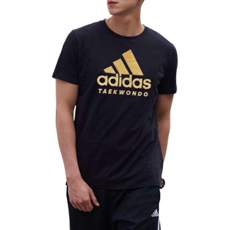 adidas Футболка с логотипом в стиле ретро, дышащая, спортивная, с круглым вырезом и коротким рукавом, для бега, мужская, черная, золотая, ADICTT-BG