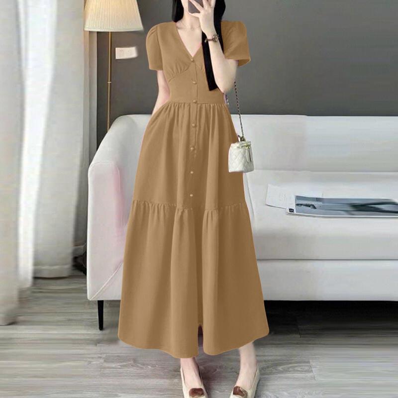 ZANZEA Женское летнее повседневное длинное платье с V-образным вырезом и коротким рукавом