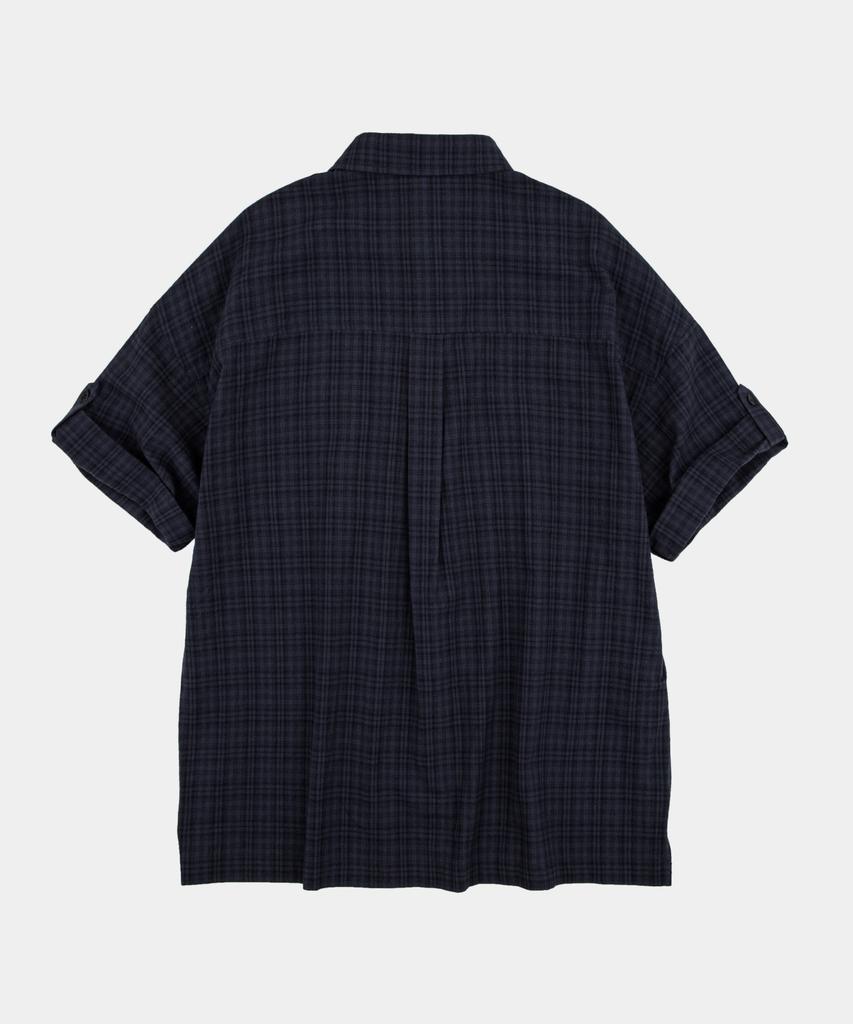 LETTERCOMO City Pop French Check Rolled-Up Half Shirt Dark Navy