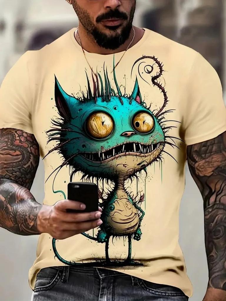 Animal Graffiti Fun Funny Funny 3D Printed Men's T-shirt Personality Vintage Plus Size Casual Loose Crew Neck Short Sleeve Top