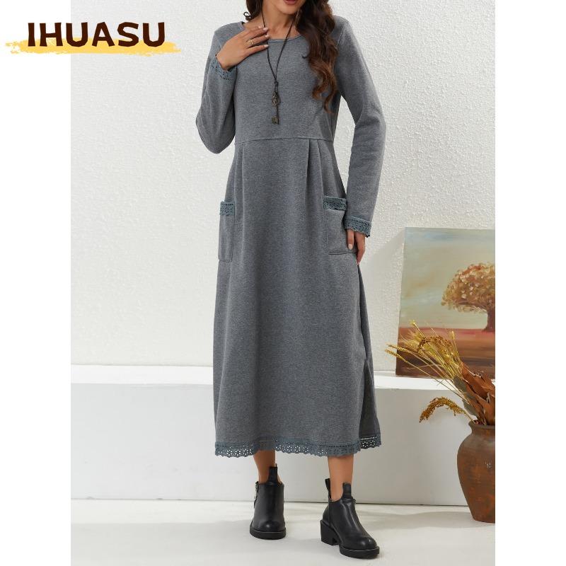 IHUASU Модные осенне-зимние однотонные платья с принтом, с круглым вырезом, с длинным рукавом, повседневные