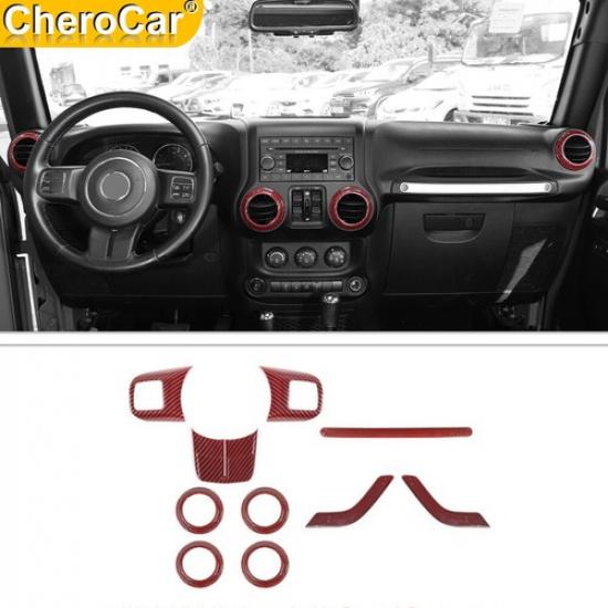 10X Full Set Cover Trim Kit Red Carbon Fiber Interior For Jeep Wrangler JK 11-17