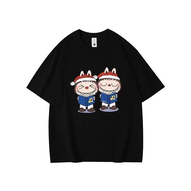 Летний топ с круглым вырезом и принтом с узором Лабубу, модная повседневная женская футболка с коротким рукавом из чистого хлопка