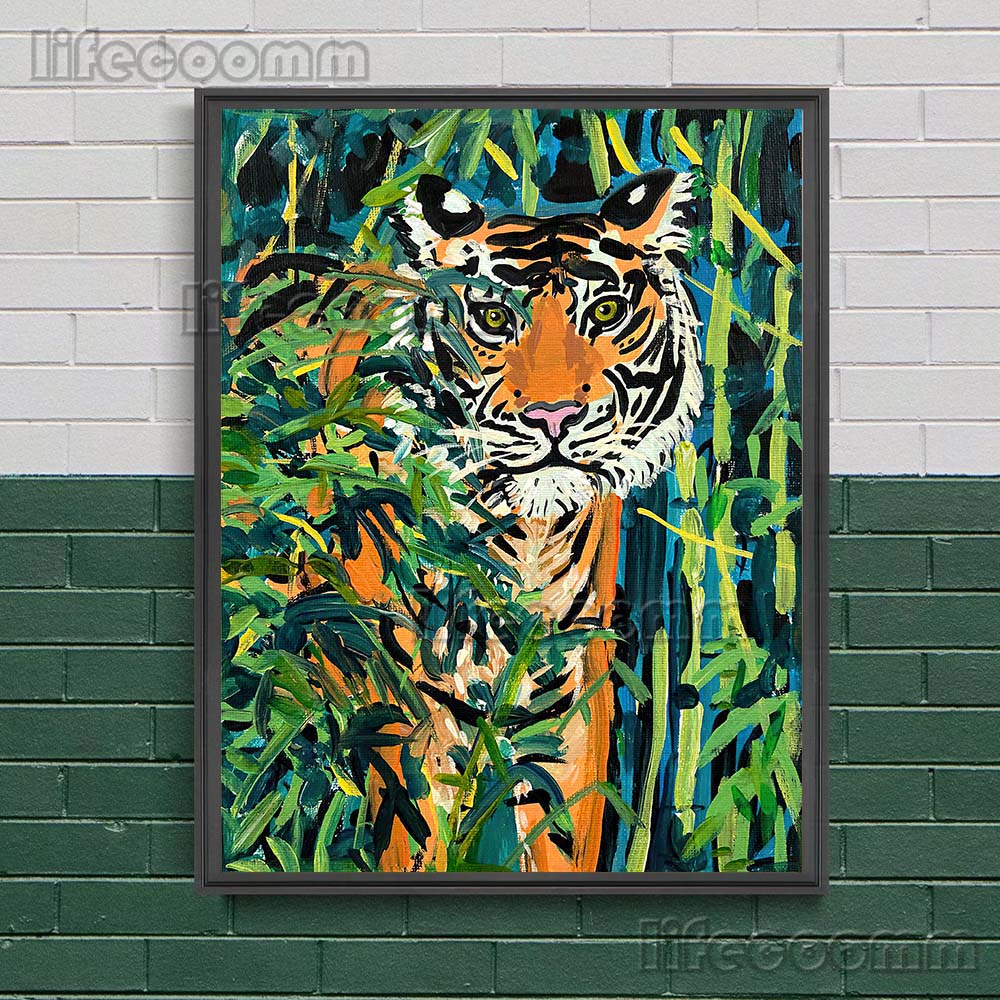 Красный ягуар, журавли и жирафы Современная мода Искусство Печать плакатов Бохо Народное искусство Животные Настенное искусство Холст Картина Украшение дома Без рамки