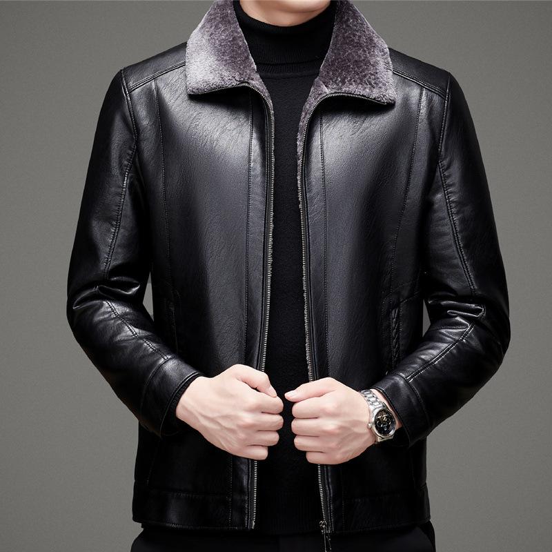 Повседневная мужская кожаная куртка с меховым покрытием для людей среднего и пожилого возраста, флисовая утолщенная овчинная куртка, зимняя