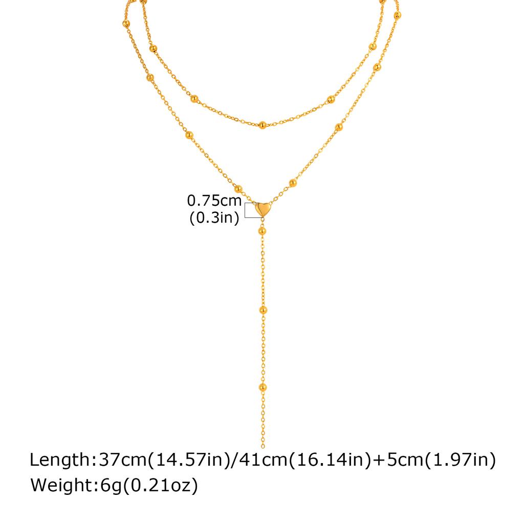 Stainless Steel Bead Chain Tassel Double-layer Y-shaped Necklace for Women, Simple Heart Flower Zircon Gold Plated Long Necklace