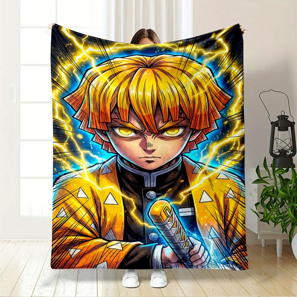 Bright yellow lightning radiates from a character with vibrant orange hair. for all seasons blanket lunch break throw gift